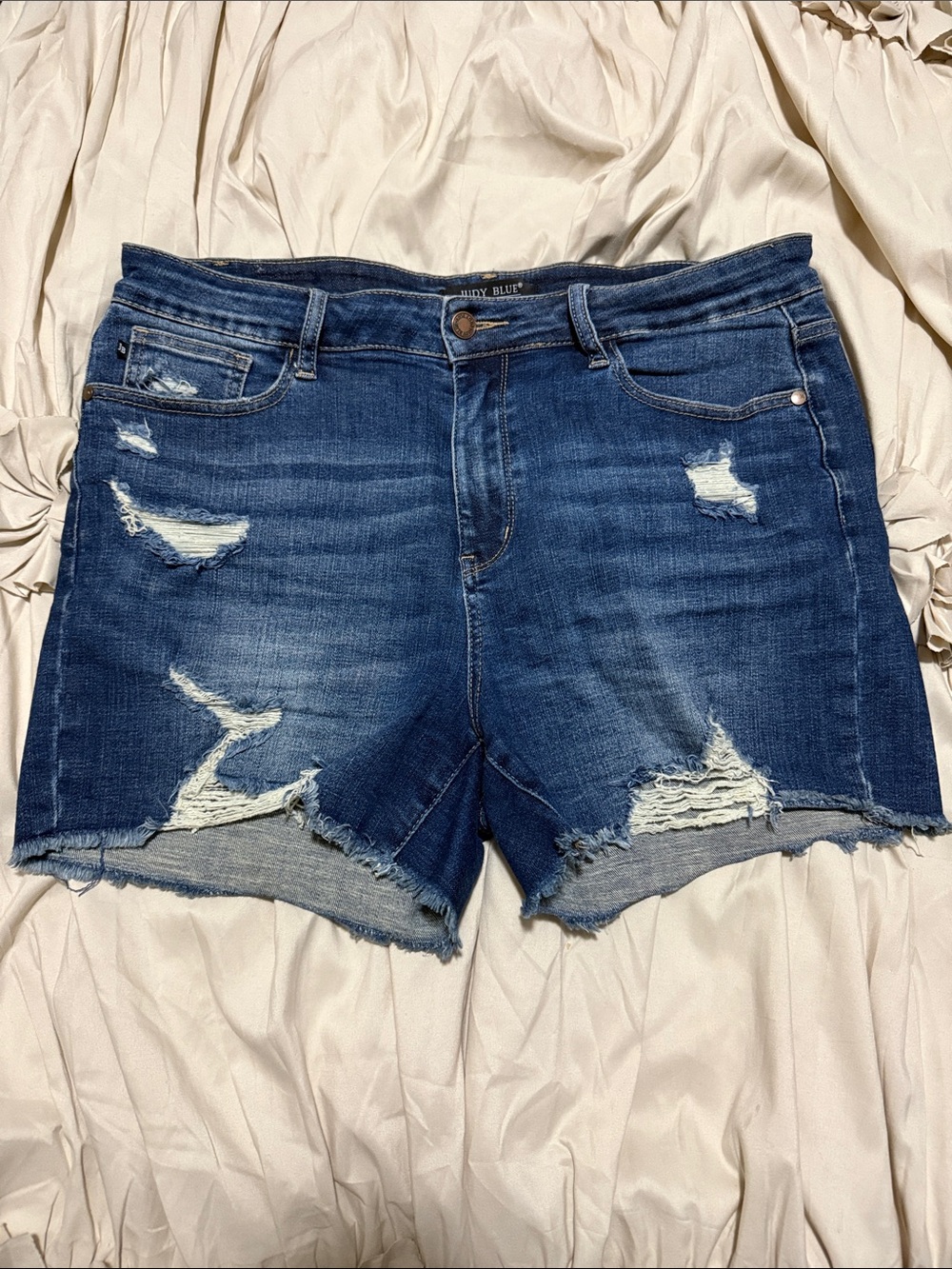 Judy Blue Denim Shorts - distressed with raw hem. Size XL. Excellent condition